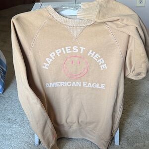American Eagle Outfitters Beige Crewneck Sweatshirt with Pink Smiley